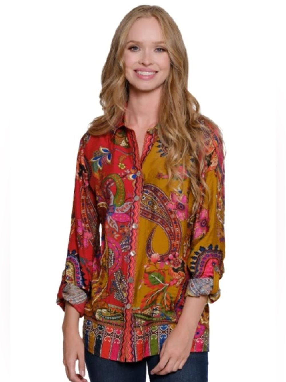 John Mark Multi-Color Scarf Print Paisley Print Button-Up Front Top Sz XL